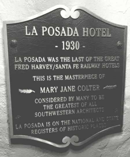 Historic plaque about the La Posada Hotel, the last of the great Fred Harvey hotels, in Winslow, Arizona