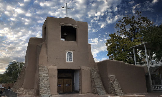 Exterior view of the historic San Miguel Church in Santa Fe, New Mexico