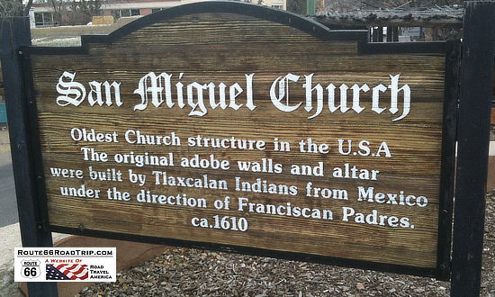 Sign at the historic San Miguel Church in Santa Fe, New Mexico