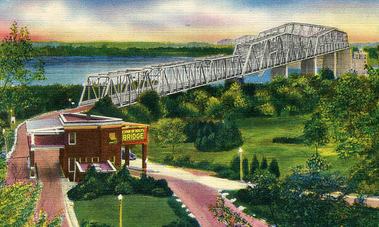 Vintage view of the Chain of Rocks Bridge spanning the Mississippi River near St. Louis, Missouri