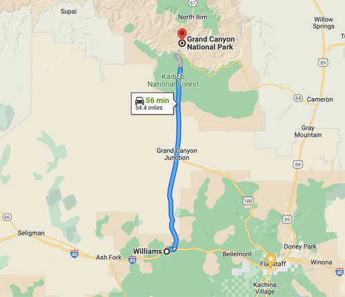 Map showing a road trip from Route 66 in Williams north to Grand Canyon National Park