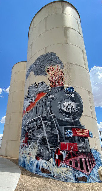 The famous water tower mural of train engine 2759 in Kingman, Arizona
