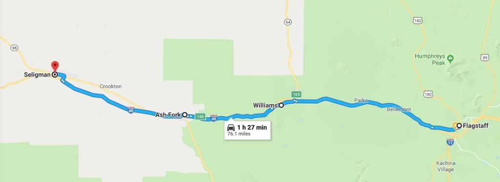 Map showing the location of Flagstaff, Arizona on Historic U.S. Route 66