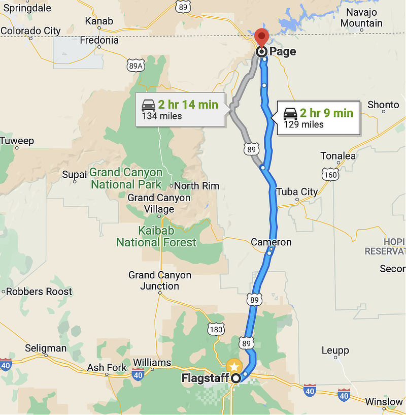Map showing the directions from Historic Route 66 in Flagstaff to Page, Arizona