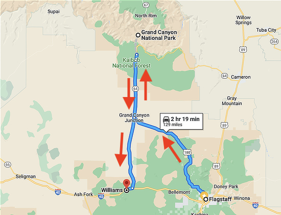 Map showing a road trip from Flagstaff to the Grand Canyon, and then back to Route 66 in Williams