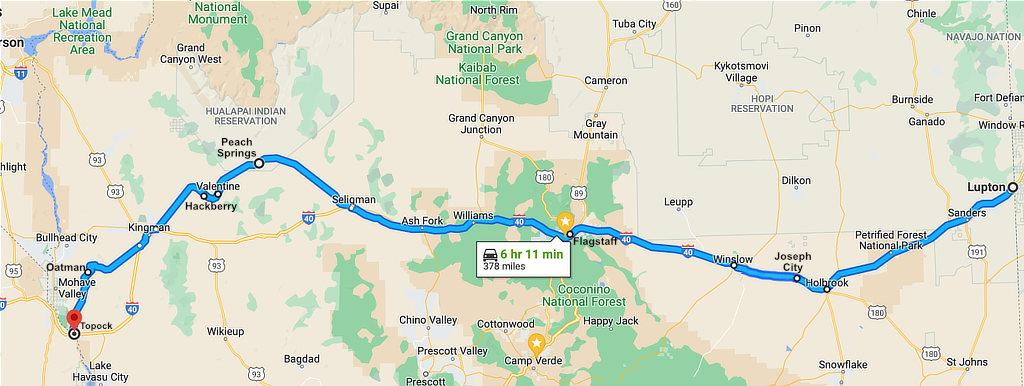 Map showing Route 66 across Arizona from Lupton to Topock