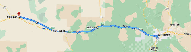 Map showing U.S. Route 66 from Flagstaff thru Williams to Seligman, Arizon