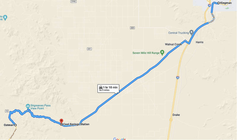 Map showing U.S. Route 66 from Kingman to Oatman, Arizona