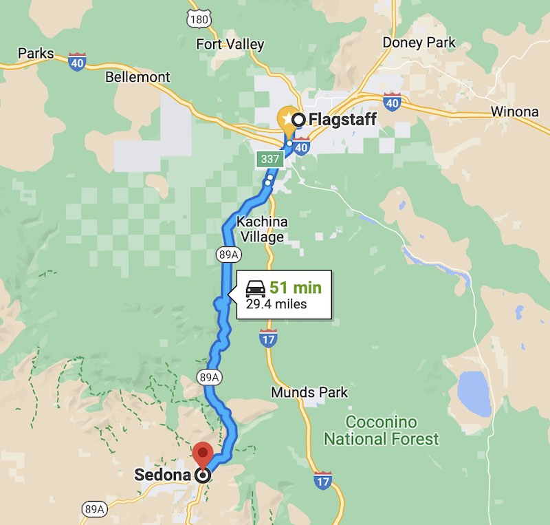 Map showing the directions from Historic Route 66 in Flagstaff to Sedona