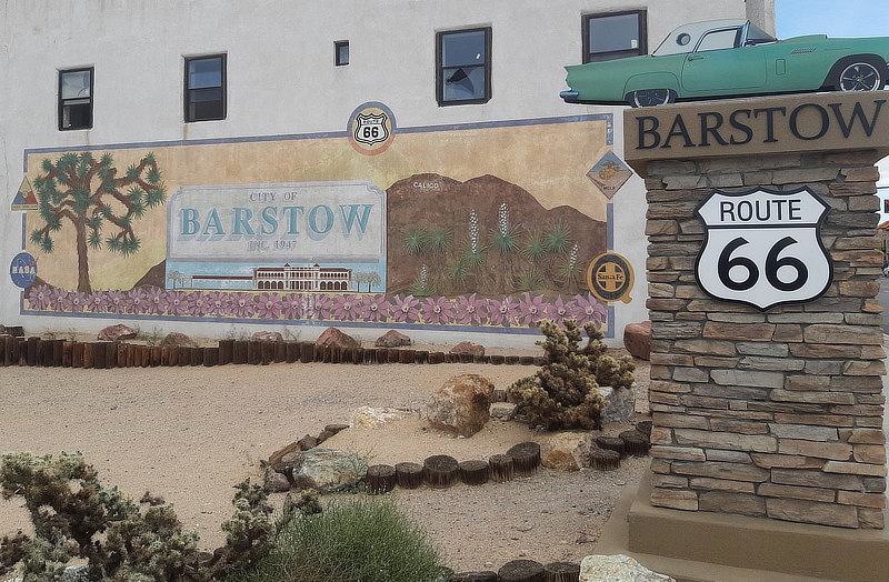 Barstow California Signage: the green Ford Mustang on Route 66