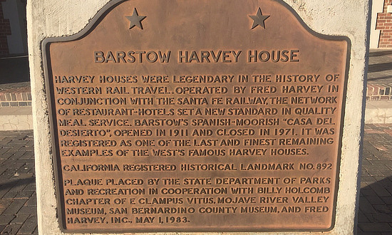 Historical marker at the Barstow Harvey House in California