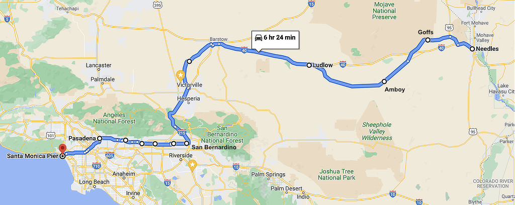 Map showing the approximate location of Amboy, California on Historic Route 66