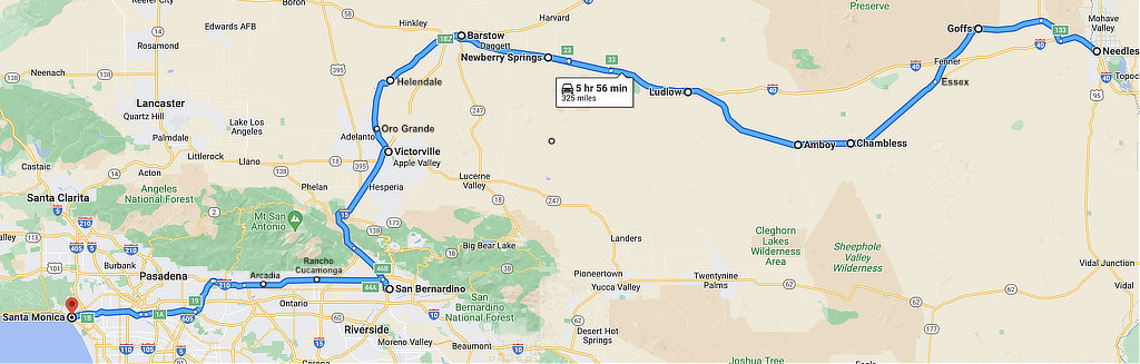 Map showing approximate Route 66 location from Needles to Santa Monica