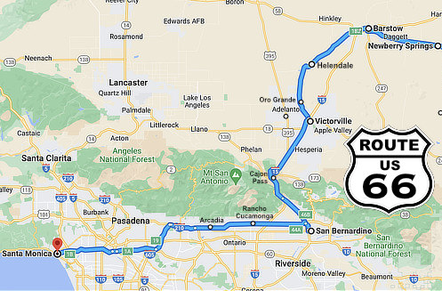 Map showing approximate Route 66 location from Barstow to Santa Monica, California