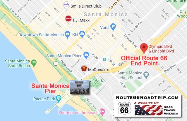 Map showing the "official" and "unofficial" ending points of Route 66 in Santa Monica, California