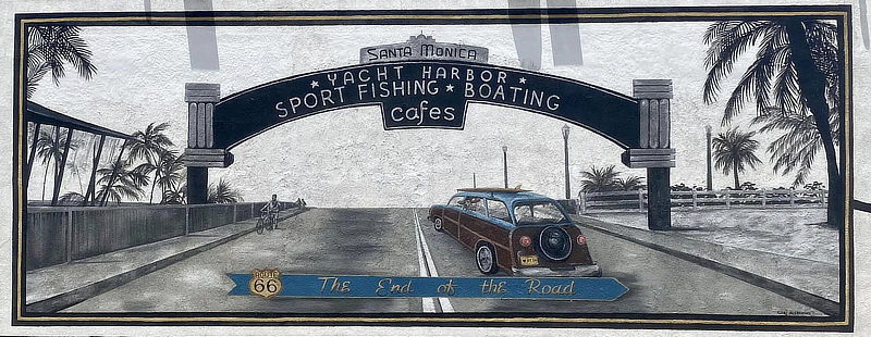Mural at the California Route 66 Museum: the Santa Monica Yacht Harbor - End of the Road