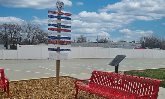 Litchfield Museum & Route 66 Welcome Center in Illinois ... benches and mileage guide post