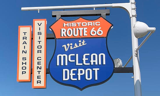 Sign for the McLean Depot & Visitor Center in central Illinois on Route 66