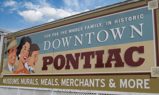 Billboard for downtown Pontiac Illinois on Route 66 ... Museums, Murals, Meals, Merchants and more!