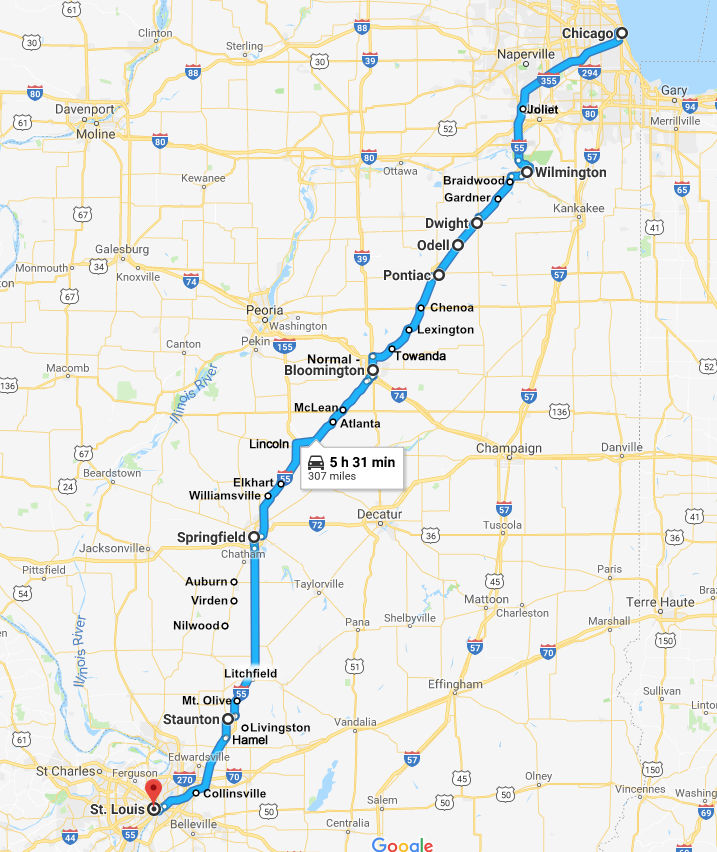 Map showing the location of Bloomington and Normal in Illinois on Historic Route 66