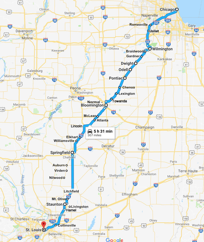 Map showing approximate Route 66 location from Chicago to St. Louis, Missouri