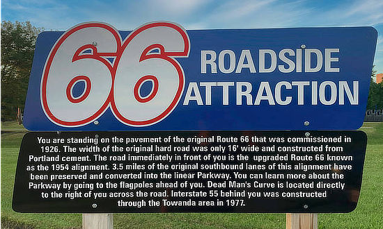 Route 66 Dead Man's Curve Roadside Attraction signage in Towanda, Illinois