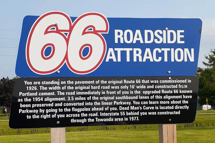 Route 66 Dead Man's Curve signage in Towanda, Illinois