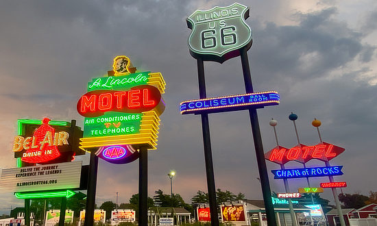 Neon signs at night at the Route 66 Experience at the Illinois State Fair Grounds in Springfield