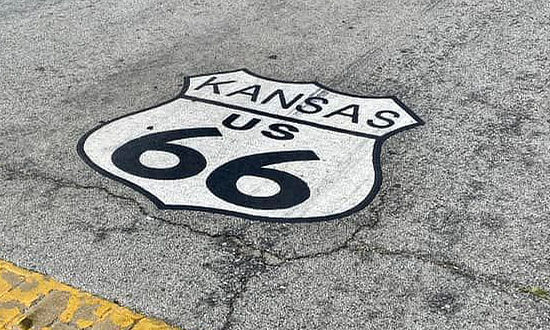 Kansas Route 66 shield on roadway