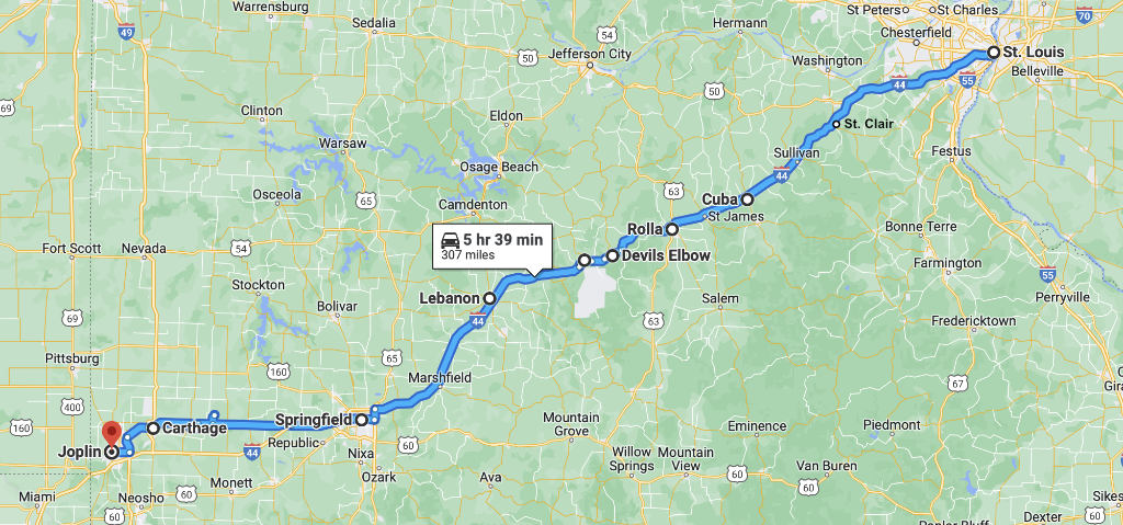 Map showing the location of Rolla, Missouri on Historic Route 66