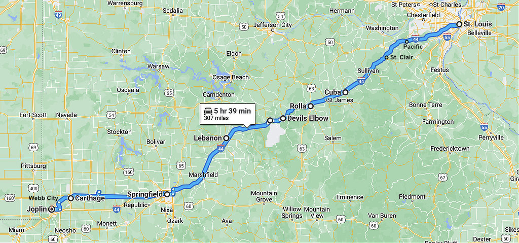 Map showing the approximate route of U.S. Highway 66 across Missouri from St. Louis to Joplin
