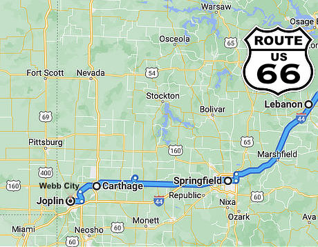 Map showing the approximate location of Historic Route 66 from Lebanon to Joplin, Missouri 