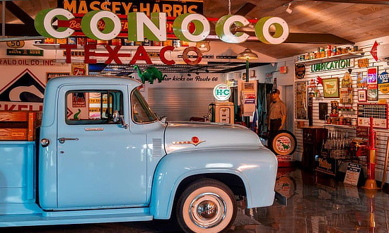 Interior view of a section of the displays at the Campbell's Service Route 66 Museum in Pacific, Missouri