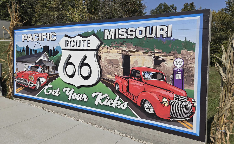 Get Your Kicks ... Route 66 sign outside of the Red Cedar Inn, the Pacific Missouri Visitor Center & Museum