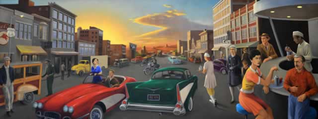 Red Corvette and green 1957 Chevrolet mural in Joplin, Missouri