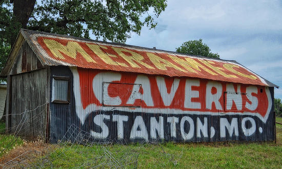 Classic barn advertising along Historic Route 66 in Missouri for Meramec Caverns