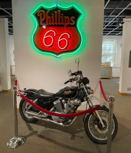 Phillips 66 sign and motorcycle exhibit at the Route 66 State Park near St. Louis, Missouri