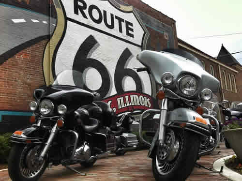 Motorcycle riders stopping at the Illinois Route 66 Hall of Fame and Museum, Pontiac, Illinois