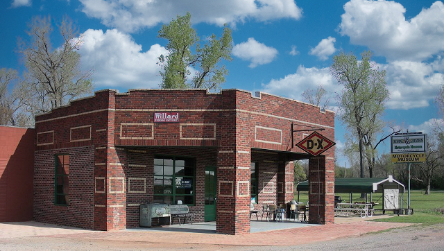 Exterior view of the Seaba Station Motorcycle Museum in Warwick, Oklahoma, on Historic Route 66