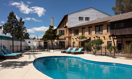Swimming pool area at the Hotel El Rancho in Gallup, New Mexico