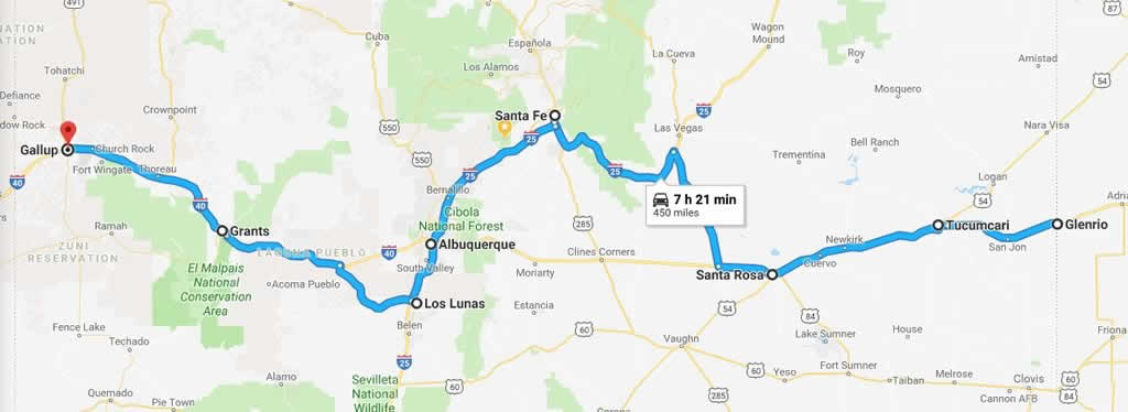 Map showing the location of Gallup, New Mexico on U.S. Route 66