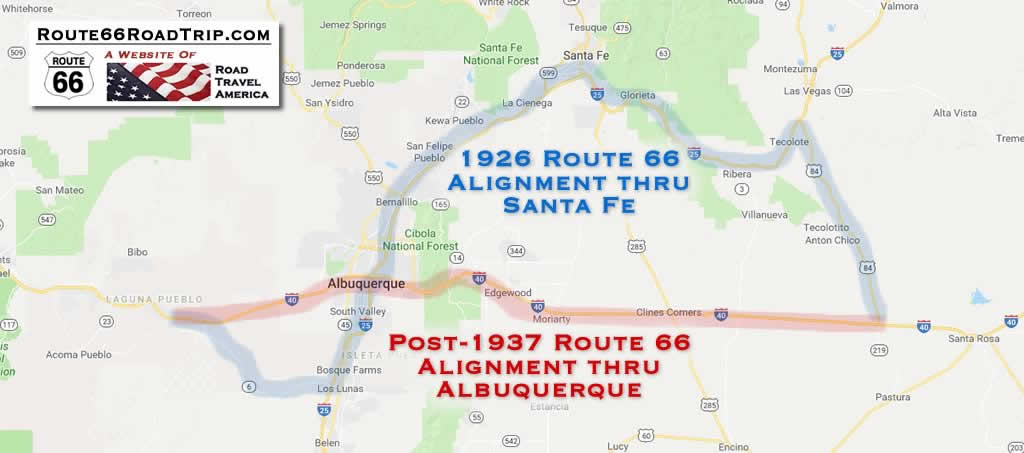 Map of U.S. Route 66 alignment in central New Mexico in 1926 and post-1937