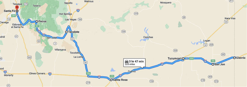 Map of Route 66 from Glenrio to Santa Fe showing the location of Tucumcari