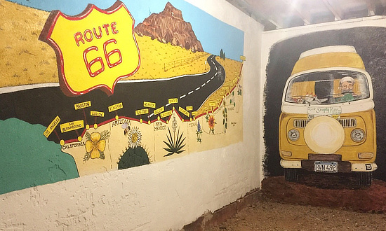 Mural in a garage at the Blue Swallow Motel in Tucumcari, New Mexico ... Route 66 and the classic VW bus