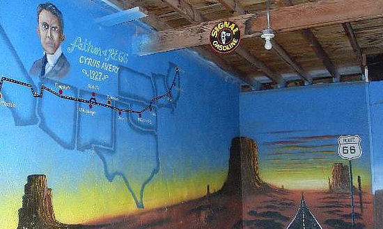 Mural in a garage at the Blue Swallow Motel in Tucumcari, New Mexico ... Cyrus Avery, the Father of Route 66