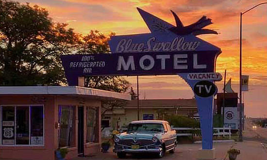 Blue Swallow Motel in Tucumcari, New Mexico, at night