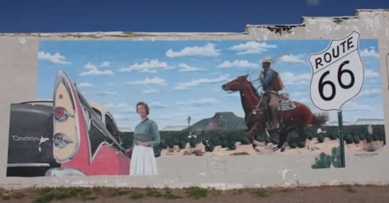 The "Dodge and Cowboy" mural in Tucumcari, New Mexico