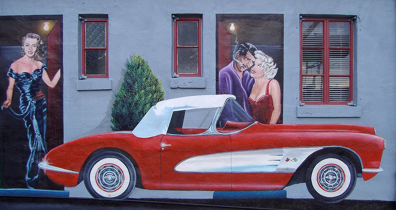 The "Red Corvette and the Ladies" mural in Tucumcari, New Mexico