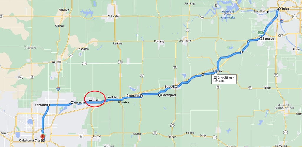 Map of Historic Route 66 showing the location of Luther, Oklahoma