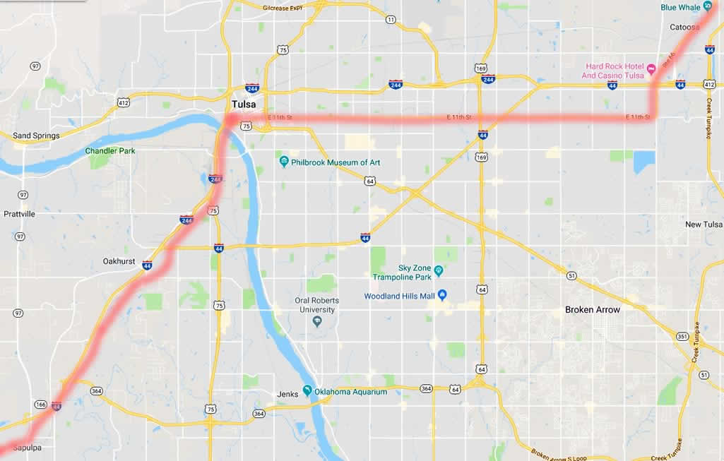 Map of approximate Historic Route 66 path through the Tulsa, Oklahoma area
